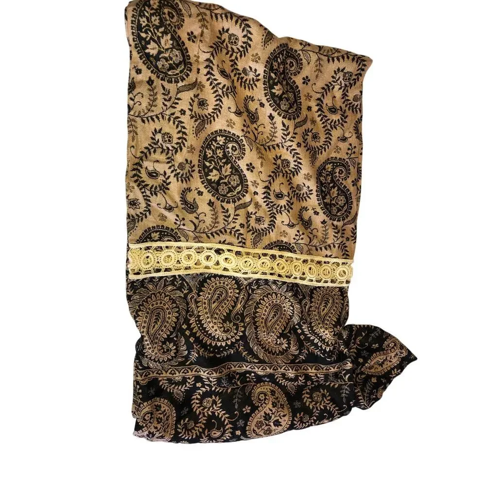 Rising Tide Infinity Scarf Paisley Crochet Trim Brown Tan Beige Handcrafted